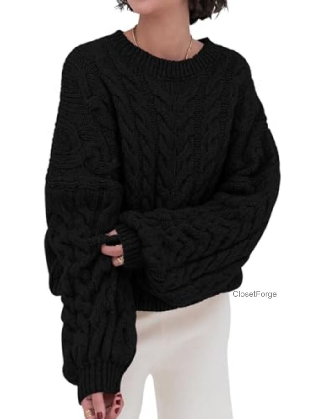 Oversized Cable Knit Chunky Sweater Crewneck Long Sleeve Pullover